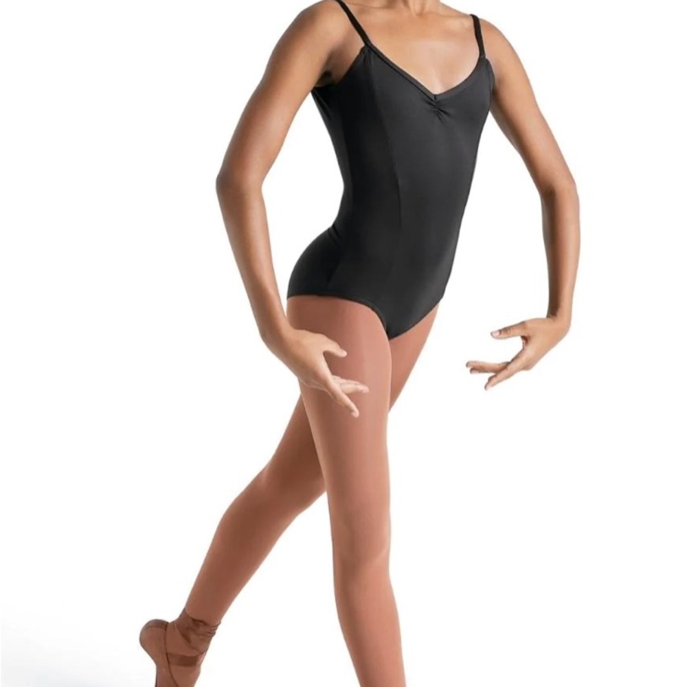 Princess-seamed camisole leotard featuring pinch v-front and back necklines.